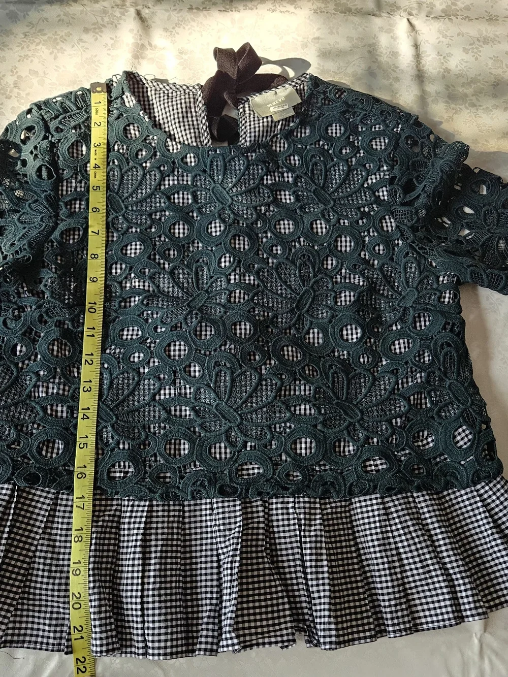 ​Maeve Anthropologie Dark Green Floral Guipure Lace & Gingham Peplum Blouse,Sz S
